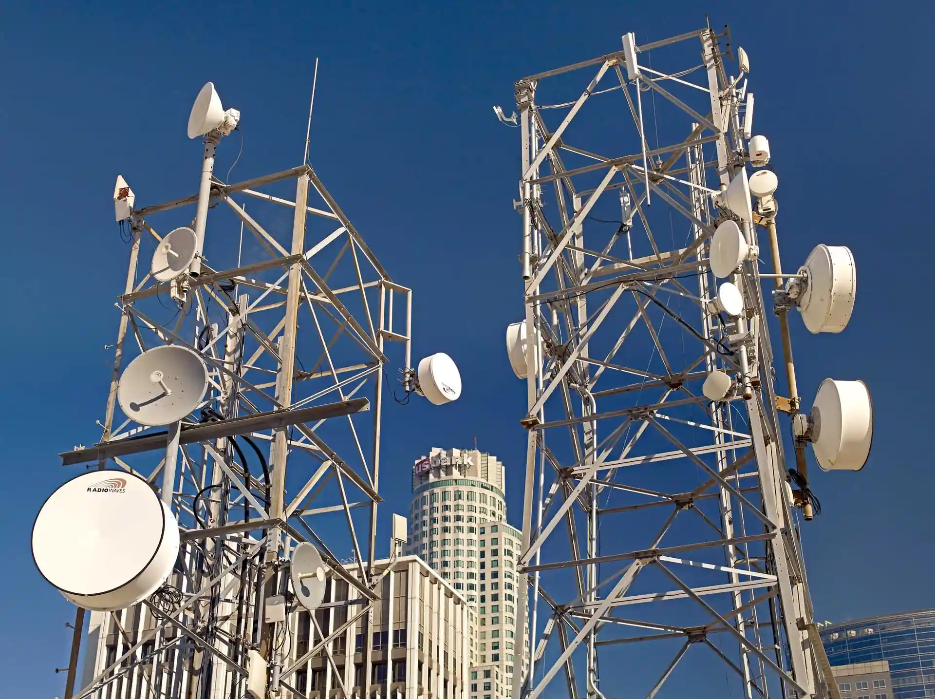 telecommunications towers with microwave antennas for data transmission infrastructure