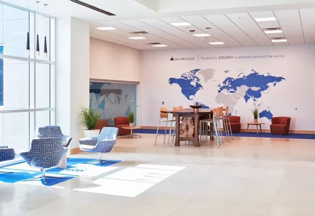 data center lobby with seating area and refreshments for visiting clients