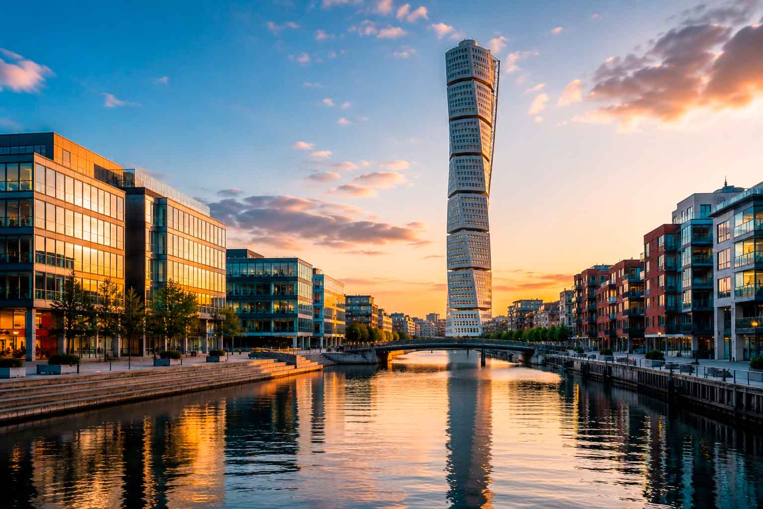 Malmö waterfront at dusk with illuminated modern buildings and canal reflections, used as a regional context image for data center photographer services.